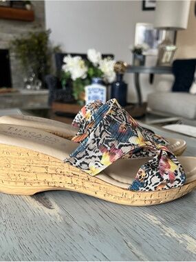 Tuscany by Easy Street Floral Print Cork Wedge Sandal - Blue, Yellow, Pink